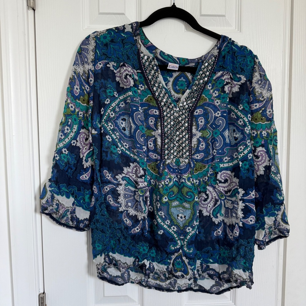 Bila Blue Green Paisley V-Neck‎ 3/4 Sleeve Chiffon Rayon Tunic Top Women XL EUC